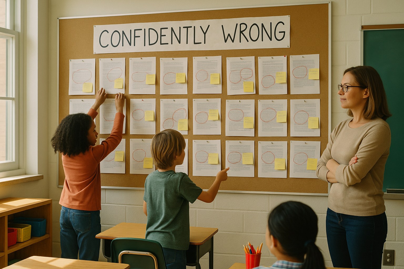 Two students pinning a new specimen to a classroom bulletin board headed "Confident Wrong", covered in printed AI answers marked up in red.