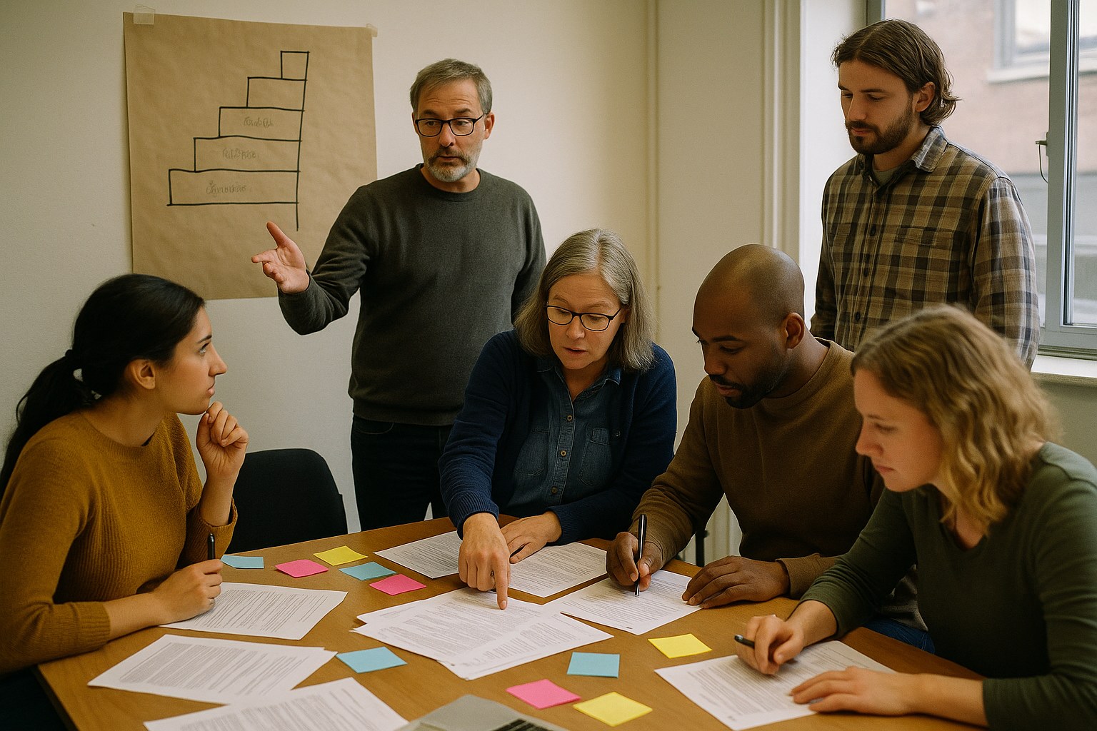 A small mixed team of teachers and technical staff working over curriculum drafts and a hand-drawn five-step diagram taped to the wall.