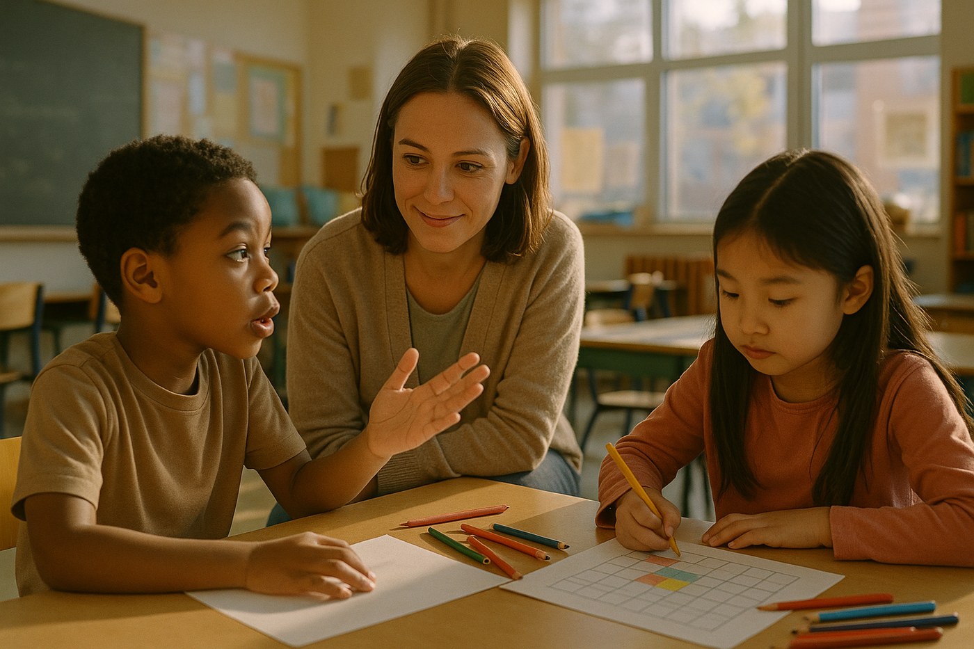 A teacher kneeling at a low table to be at eye level with two seven-year-olds working on a paper activity, one of them explaining something to her.